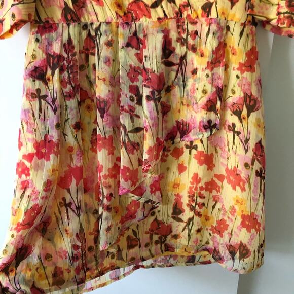 Walter Baker Butter Yellow Floral Print Dress Puff Short Sleeve Faux Wrap 8 $228 - Picture 7 of 11